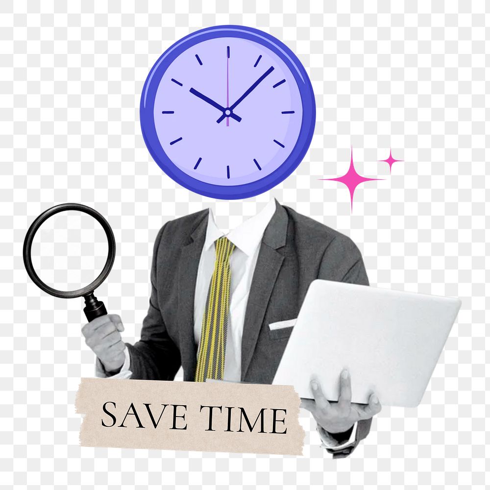 Save time word png sticker, clock head businessman remix on transparent background