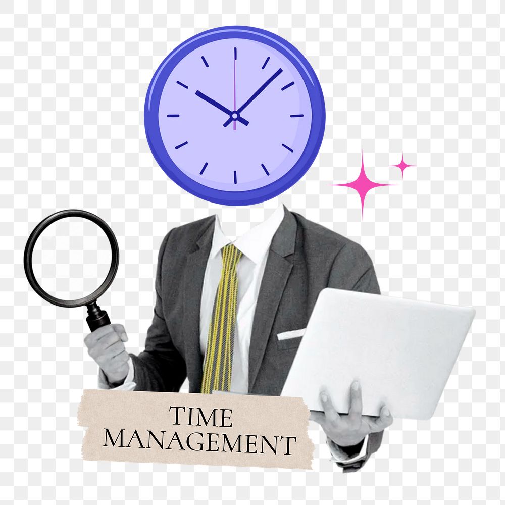 Time management word png sticker, clock head businessman remix on transparent background