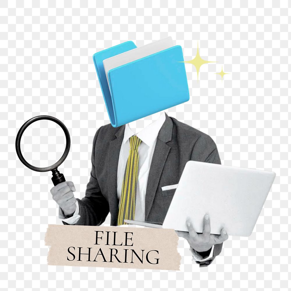 File sharing word png sticker, folder head businessman remix on transparent background