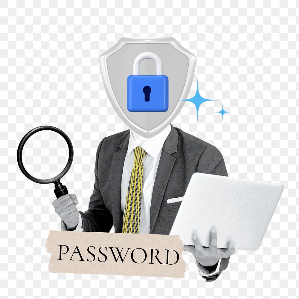 Password word png sticker, padlock head businessman remix on transparent background