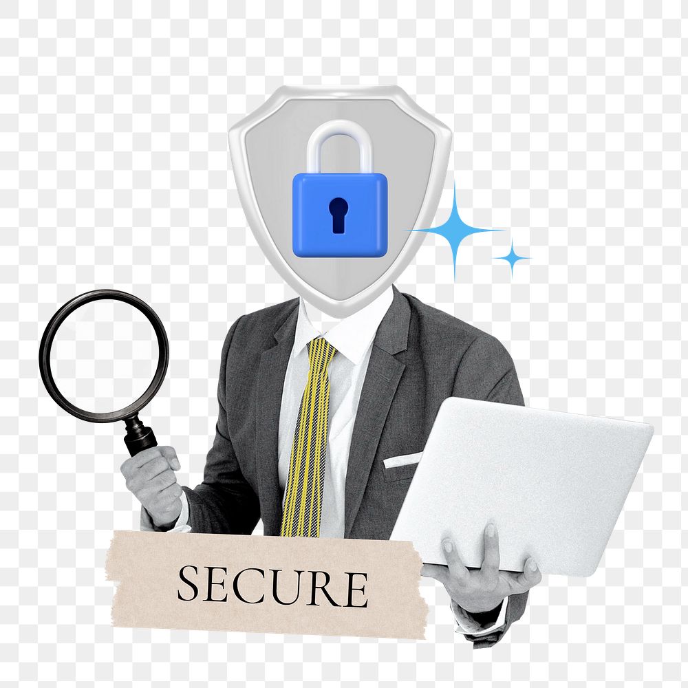 Secure word png sticker, padlock head businessman remix on transparent background