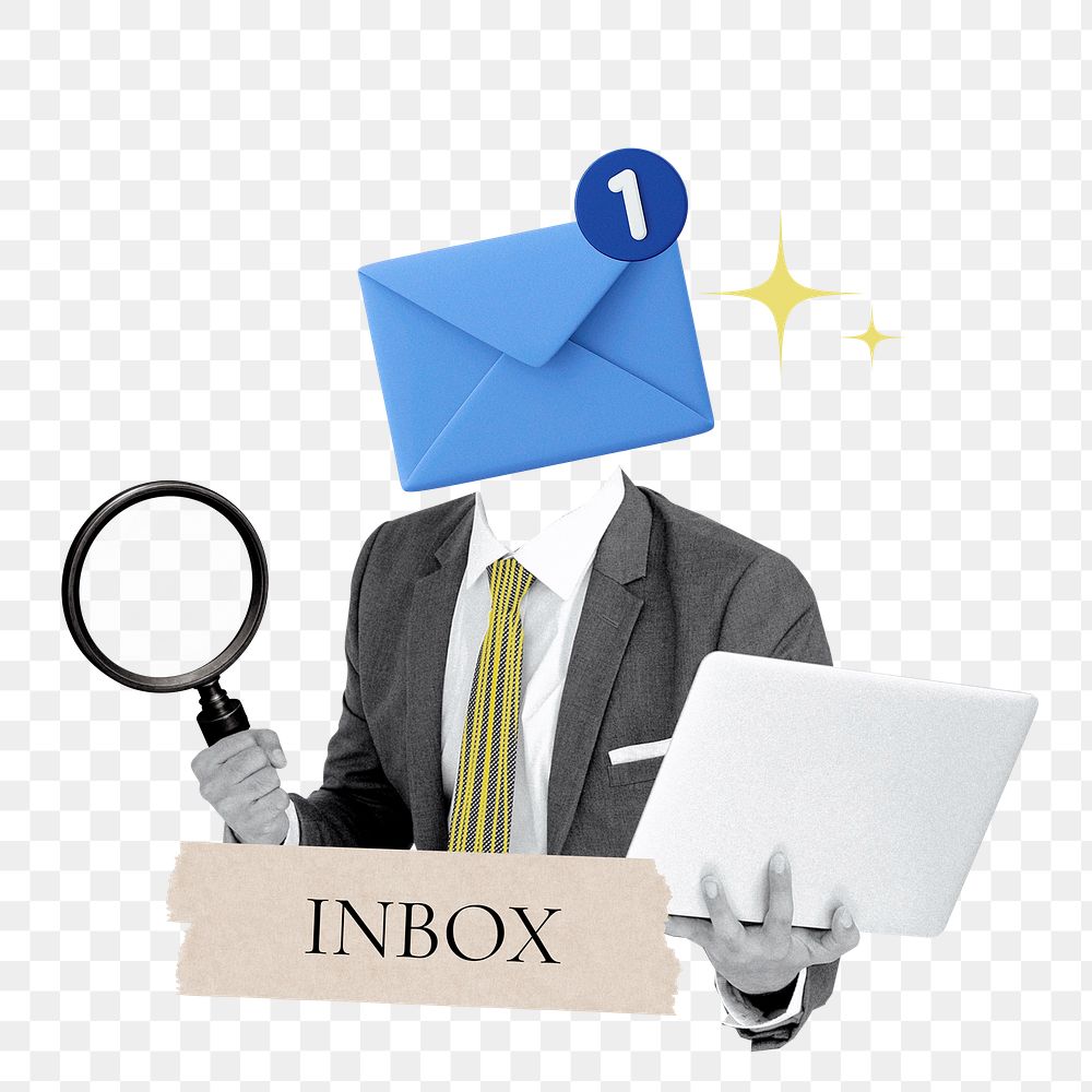 Inbox word png sticker, envelope head businessman remix on transparent background