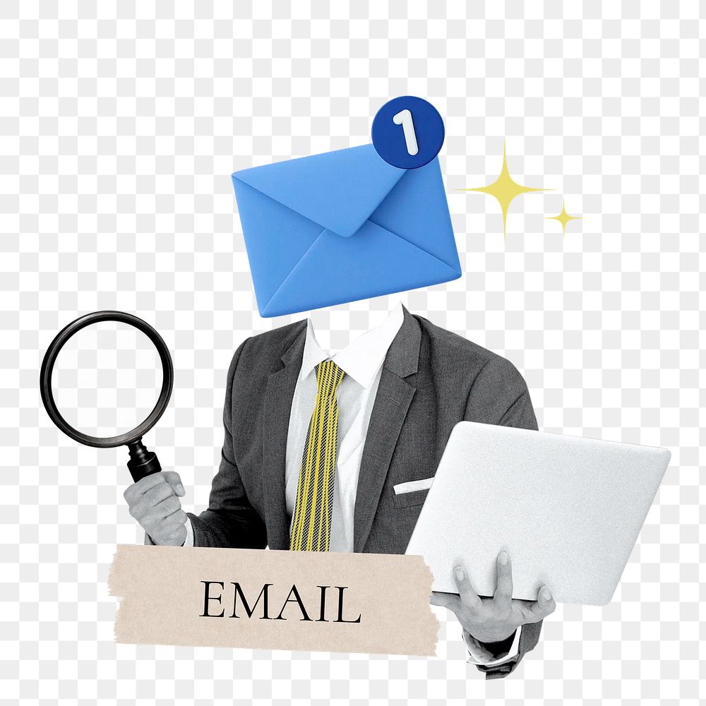 Email word png sticker, envelope head businessman remix on transparent background