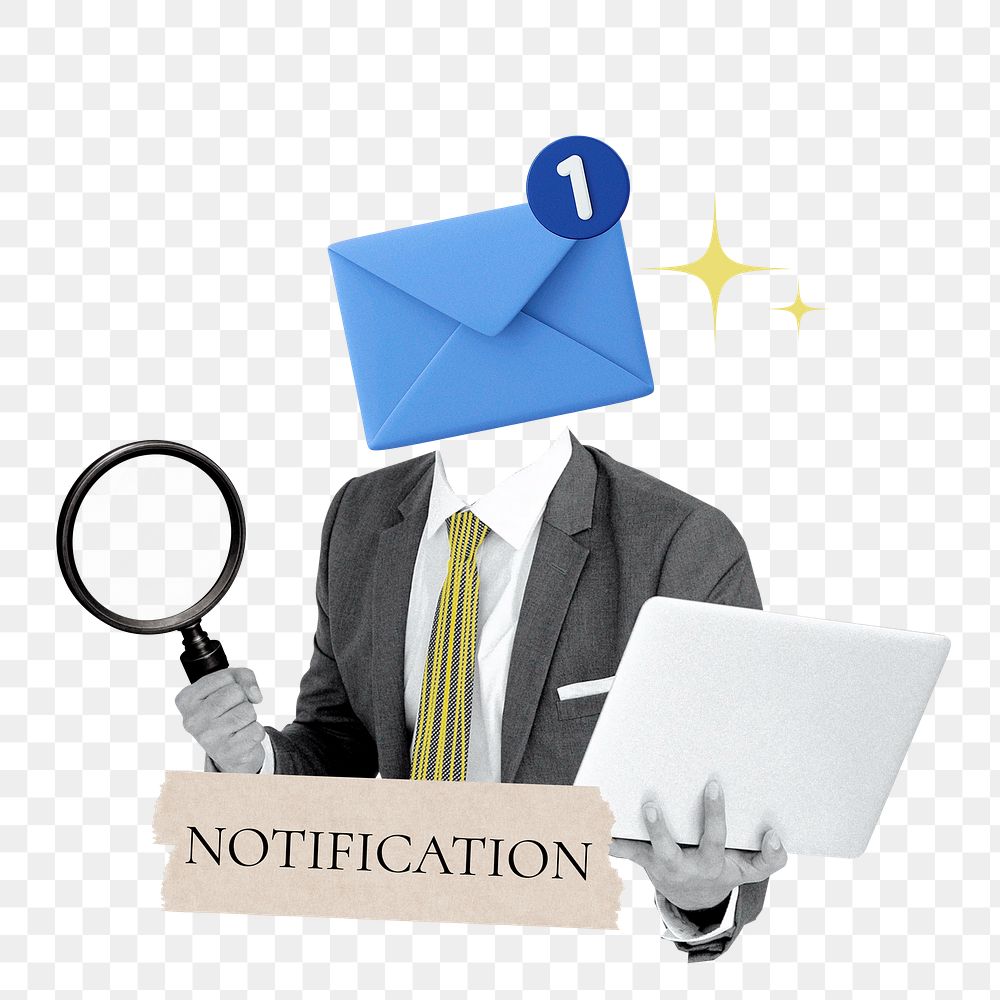 Notification word png sticker, envelope head businessman remix on transparent background