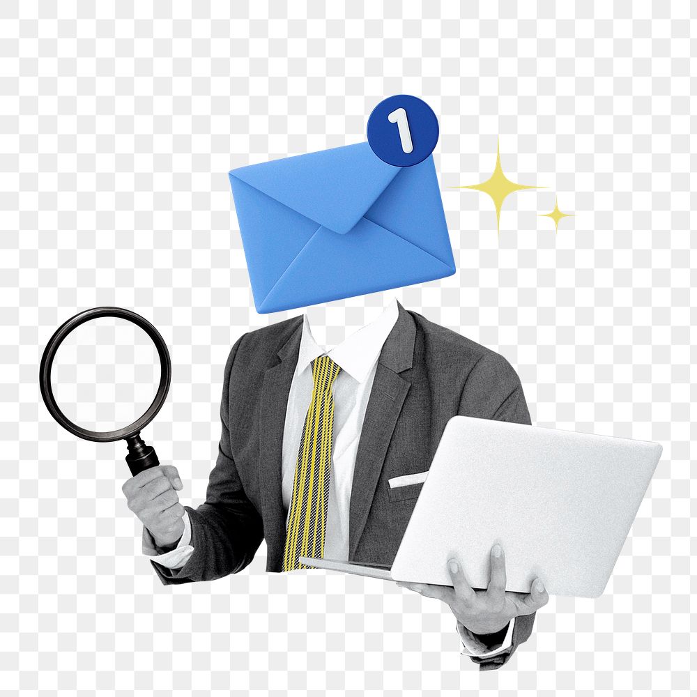 Email notification business png sticker, envelope head businessman on transparent background