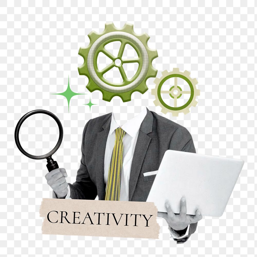 Creativity word png sticker, cogwheel head businessman remix on transparent background