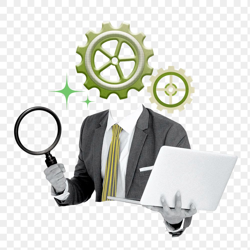 Cogwheel head businessman png sticker, on transparent background