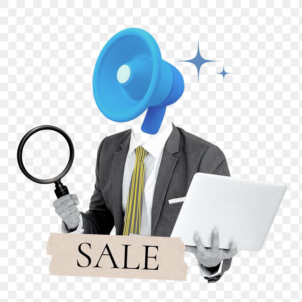 Sale word png sticker, megaphone head businessman remix on transparent background