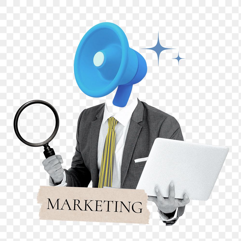 Marketing word png sticker, megaphone head businessman remix on transparent background