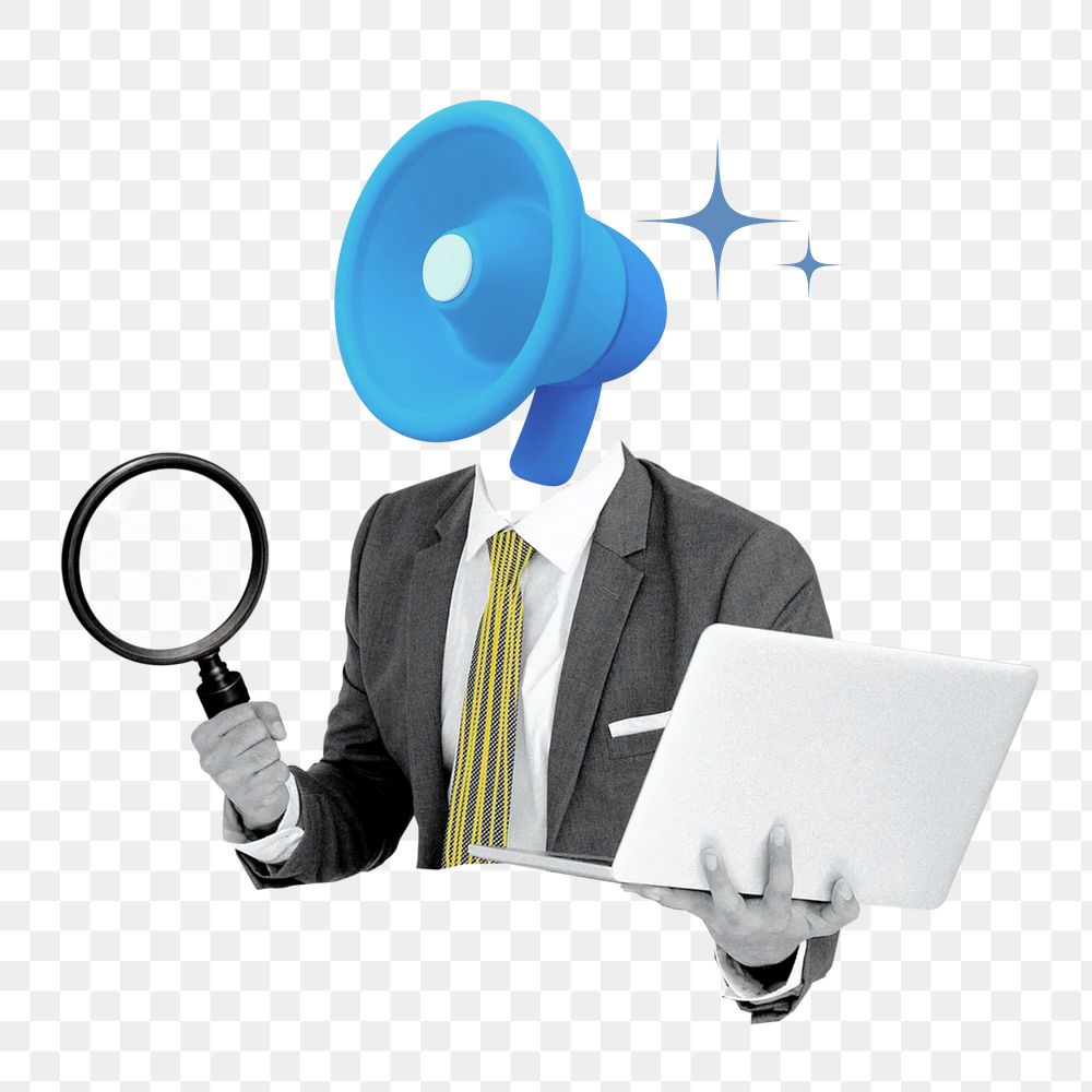Digital marketing png sticker, megaphone head businessman on transparent background