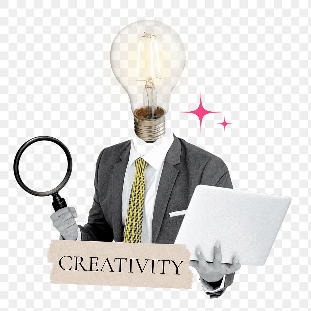 Creativity word png sticker, bulb head businessman remix on transparent background