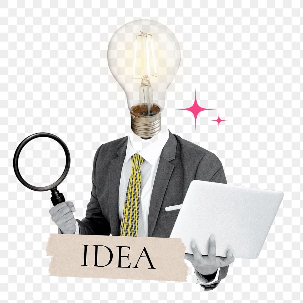 Idea word png sticker, bulb head businessman remix on transparent background