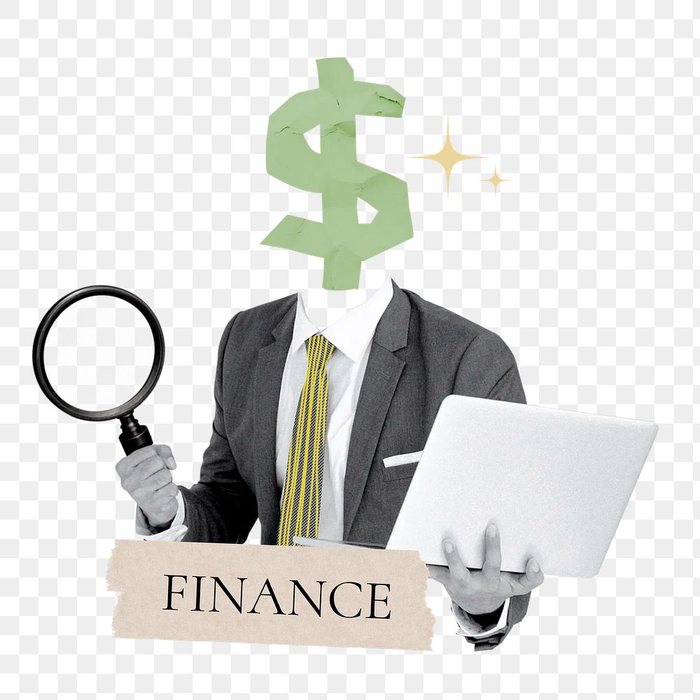 Finance word png sticker, dollar sign head businessman remix on transparent background