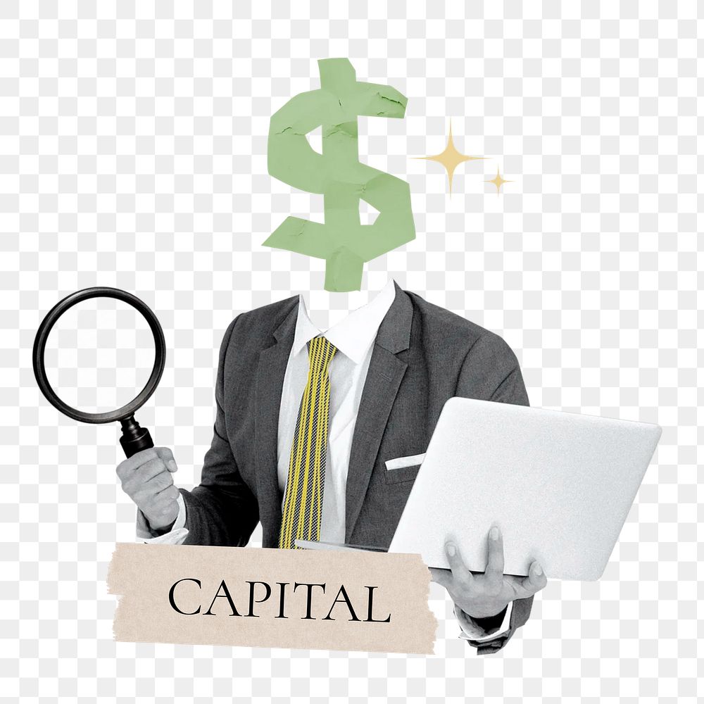 Capital word png sticker, dollar sign head businessman remix on transparent background