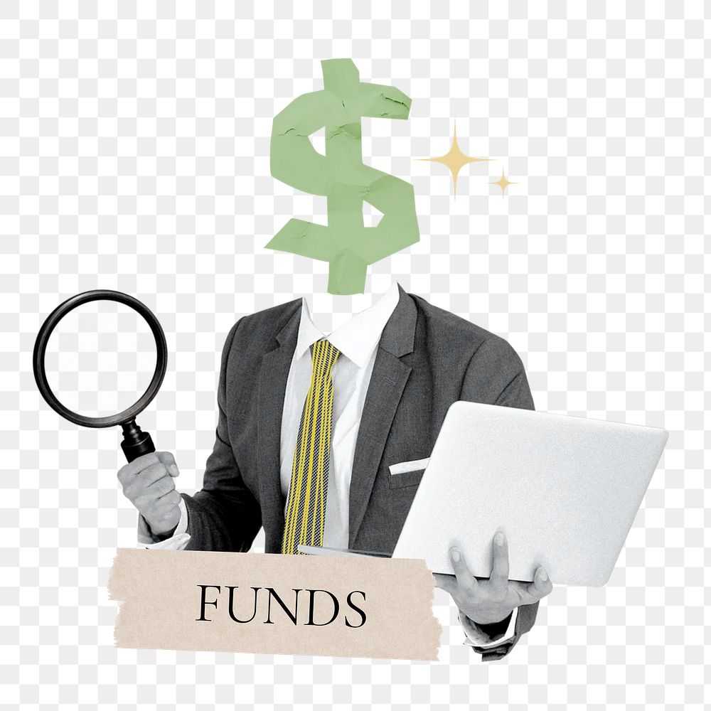 Funds word png sticker, dollar sign head businessman remix on transparent background