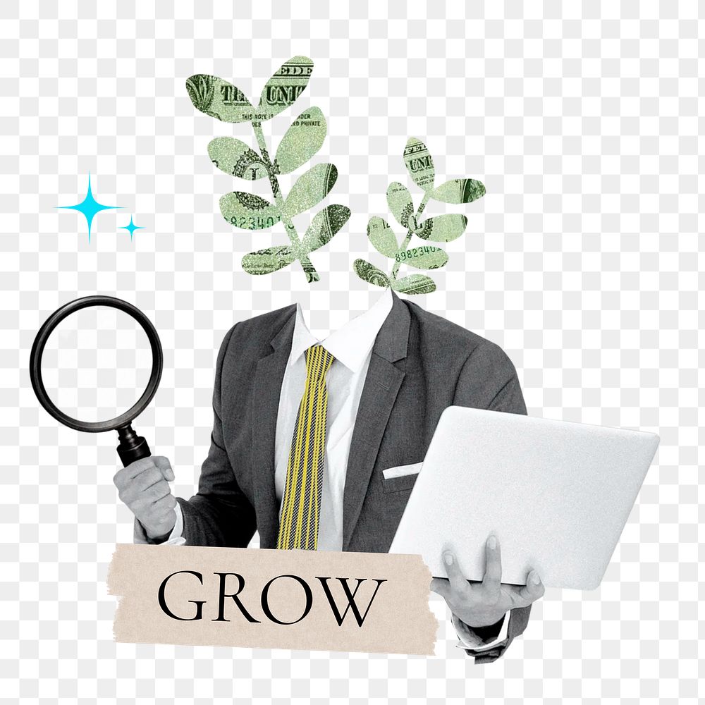 Grow word png sticker, plant head businessman remix on transparent background