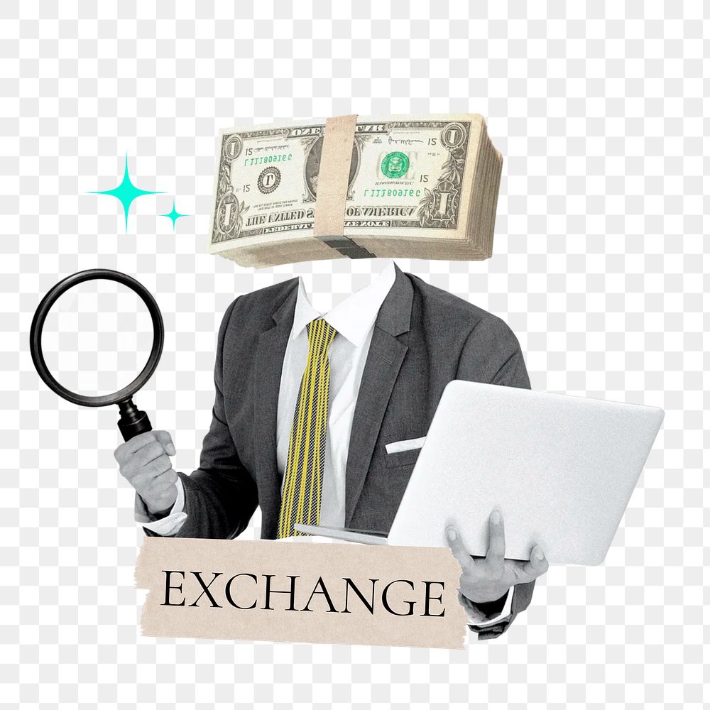 Exchange word png sticker, money head businessman remix on transparent background
