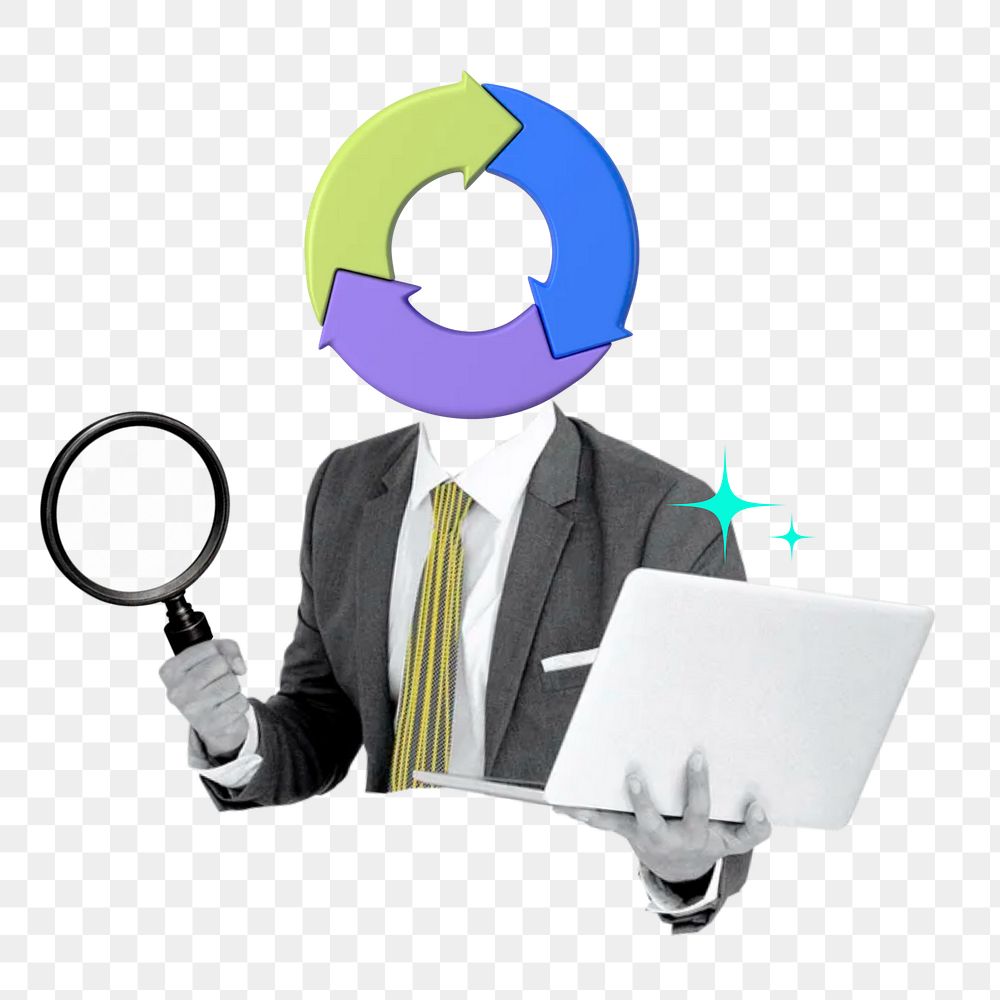 Business analyst png sticker, pie chart head businessman remix on transparent background