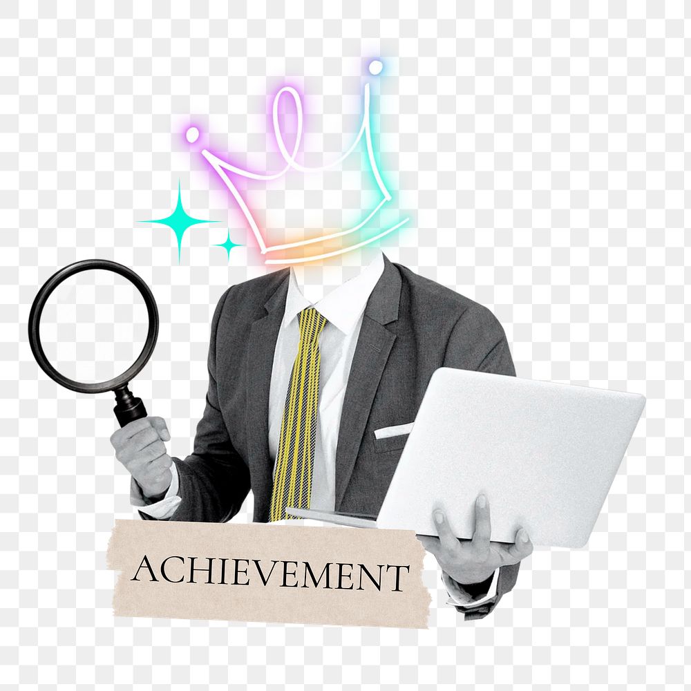 Achievement word png sticker, crown head businessman remix on transparent background