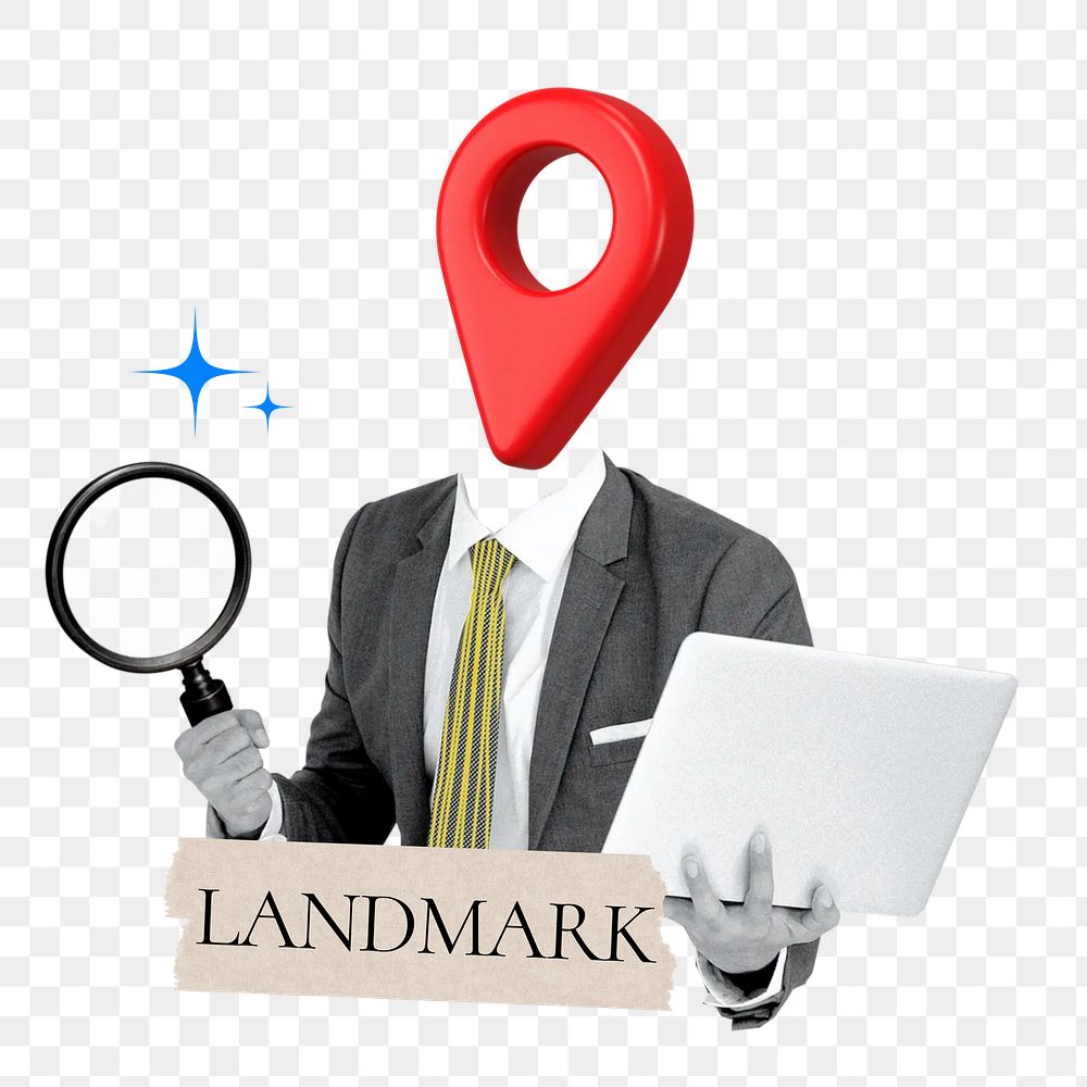 Landmark word png sticker, location pin head businessman remix on transparent background