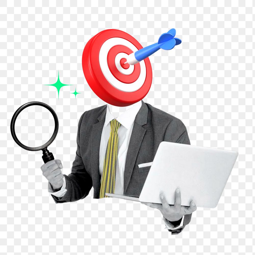 Business market targeting png sticker, dart head businessman remix on transparent background