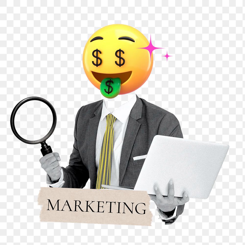 Marketing word png sticker, money-face emoticon businessman remix on transparent background
