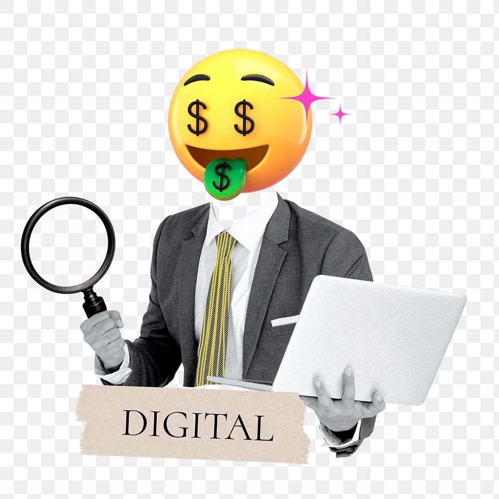 Digital word png sticker, money-face emoticon businessman remix on transparent background