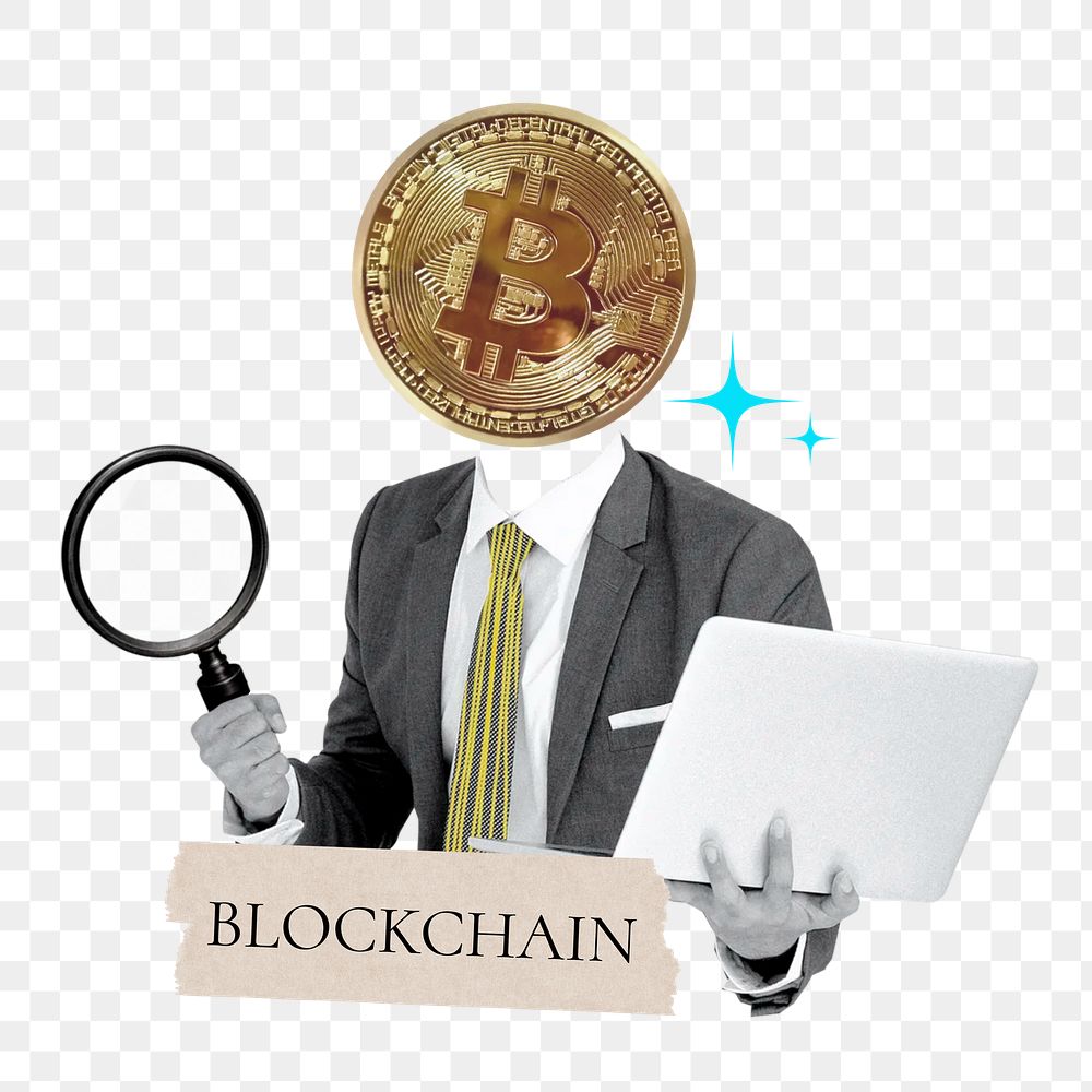 Blockchain word png sticker, bitcoin head businessman remix on transparent background