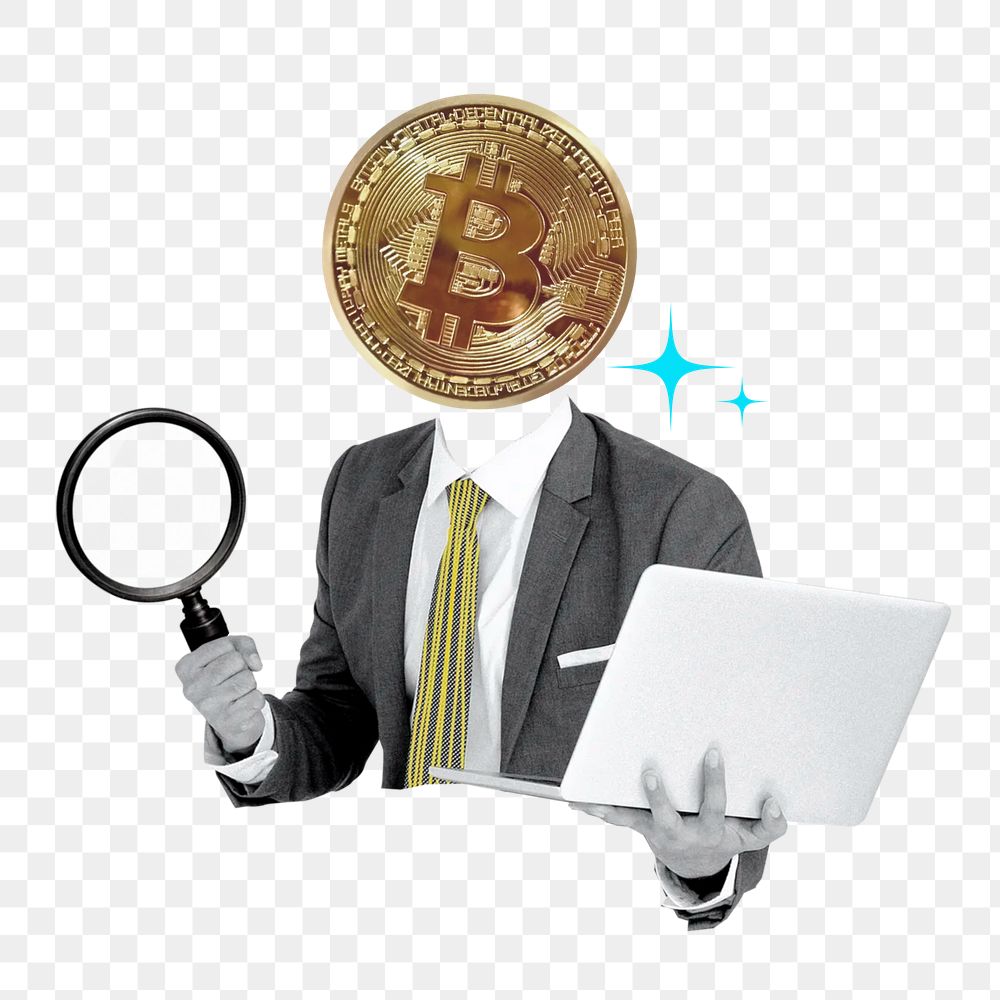Bitcoin head businessman png sticker, investor remix on transparent background