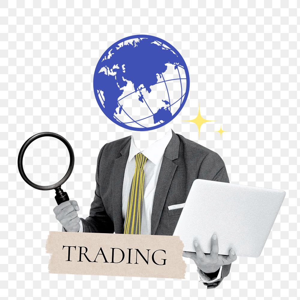 Trading word png sticker, grid globe head businessman remix on transparent background