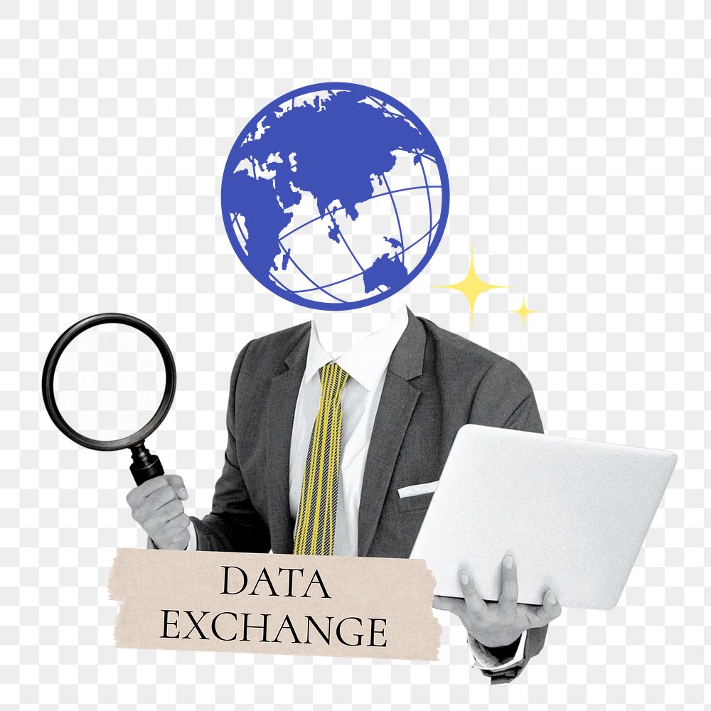 Data exchange word png sticker, grid globe head businessman remix on transparent background