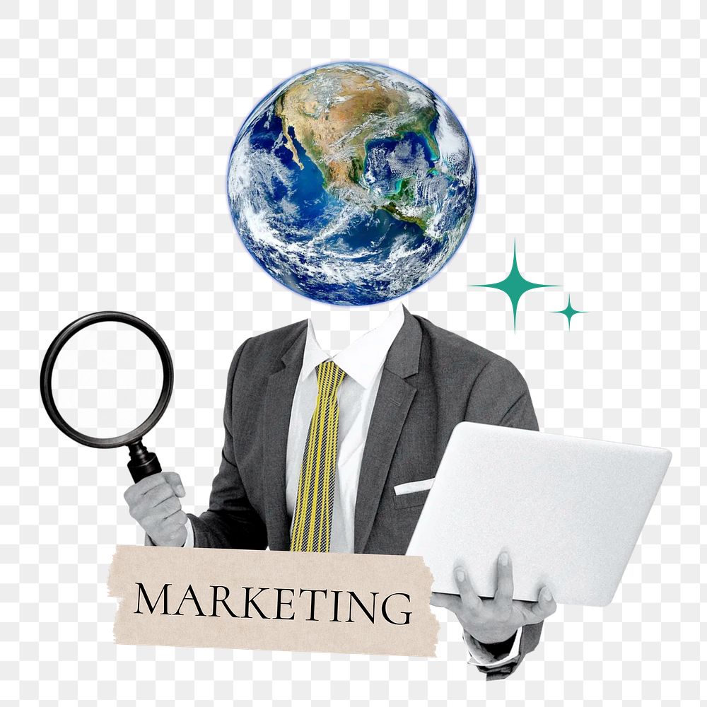 Marketing word png sticker, globe head businessman remix on transparent background