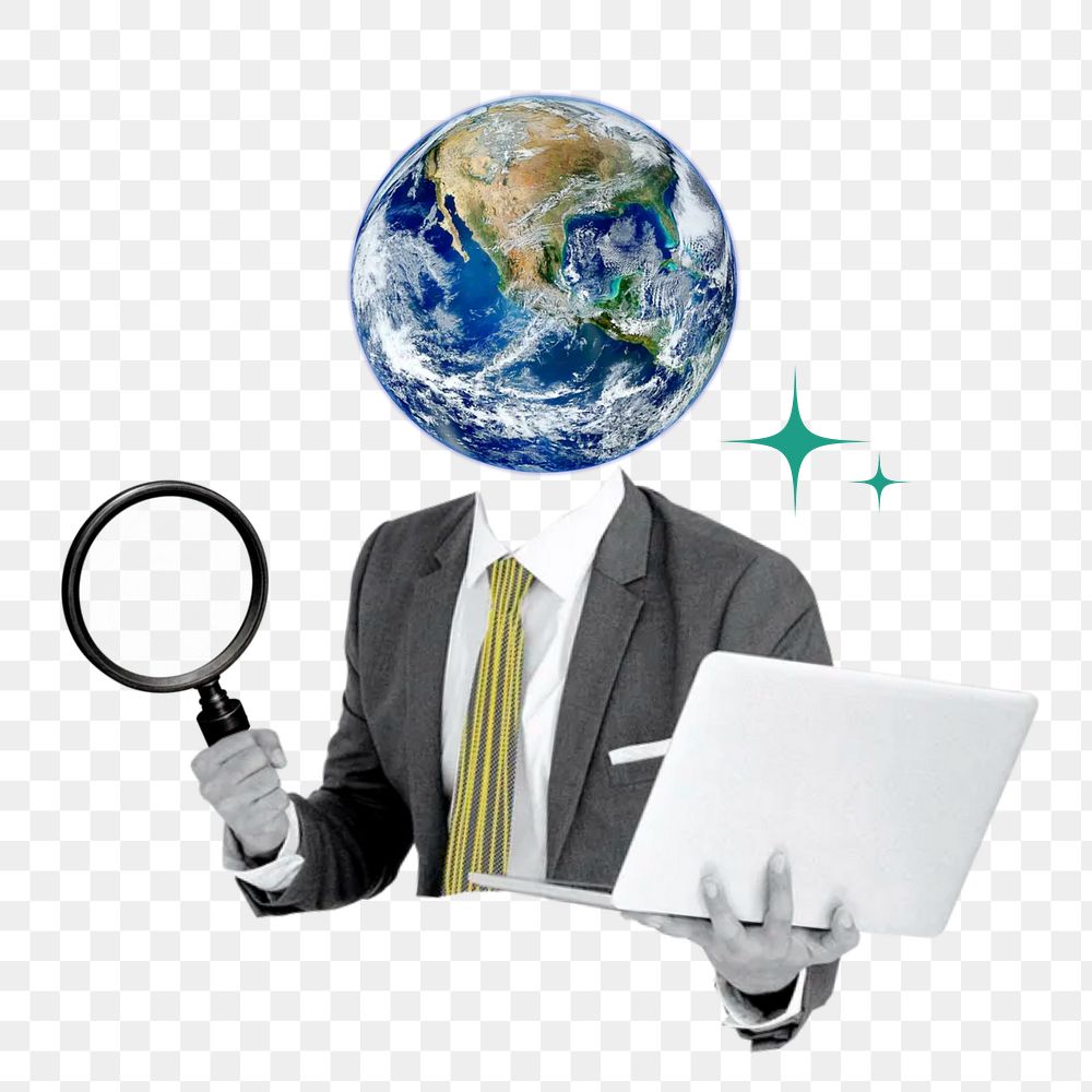 CSR sustainable business png sticker, globe head businessman, environment remix on transparent background