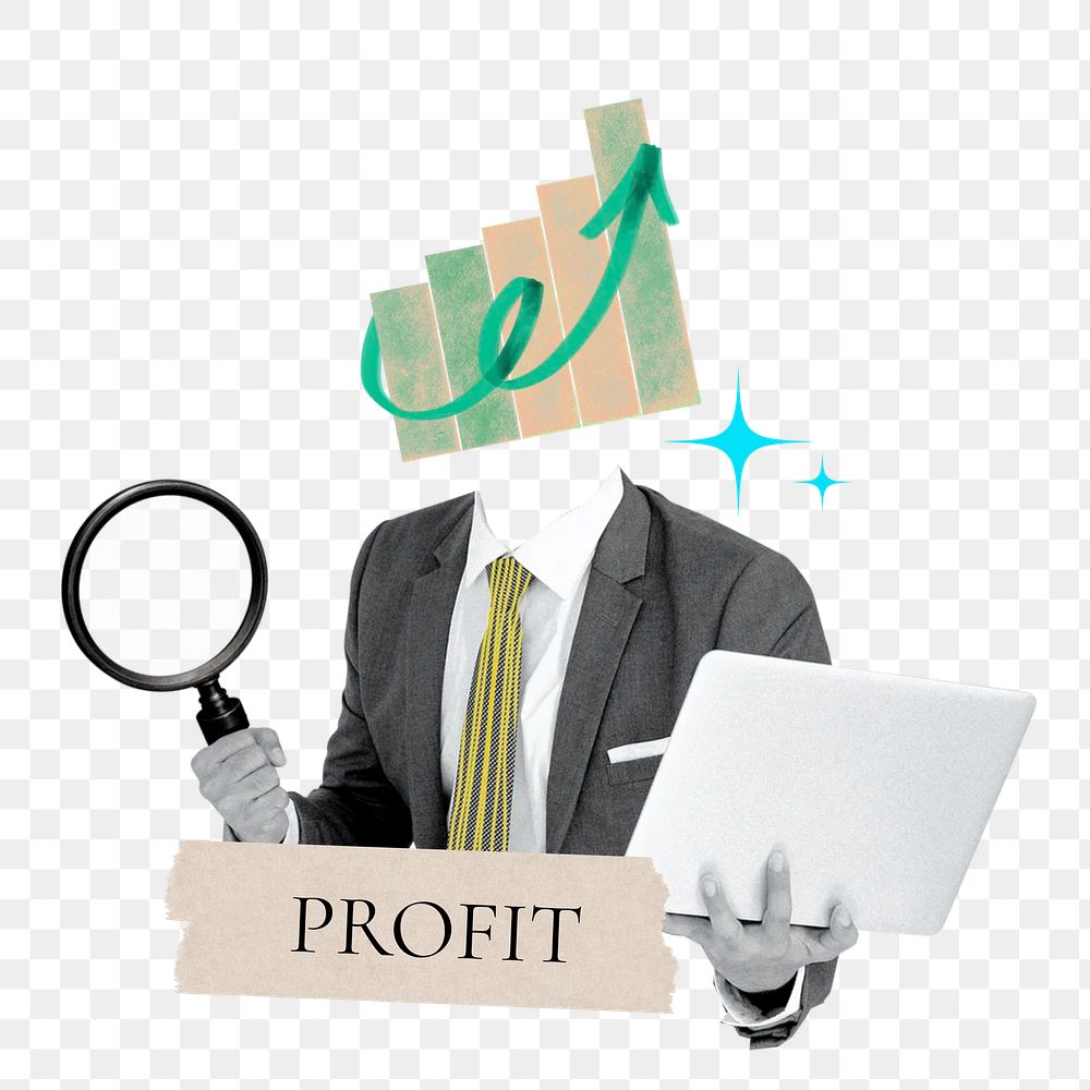 Profit word png sticker, growing chart head businessman remix on transparent background