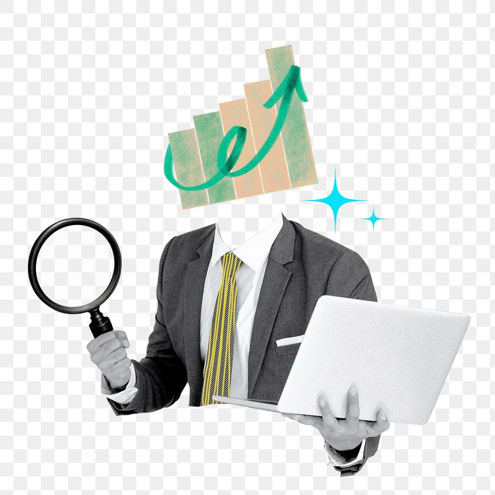Business solution png sticker, growing bar chart head businessman on transparent background