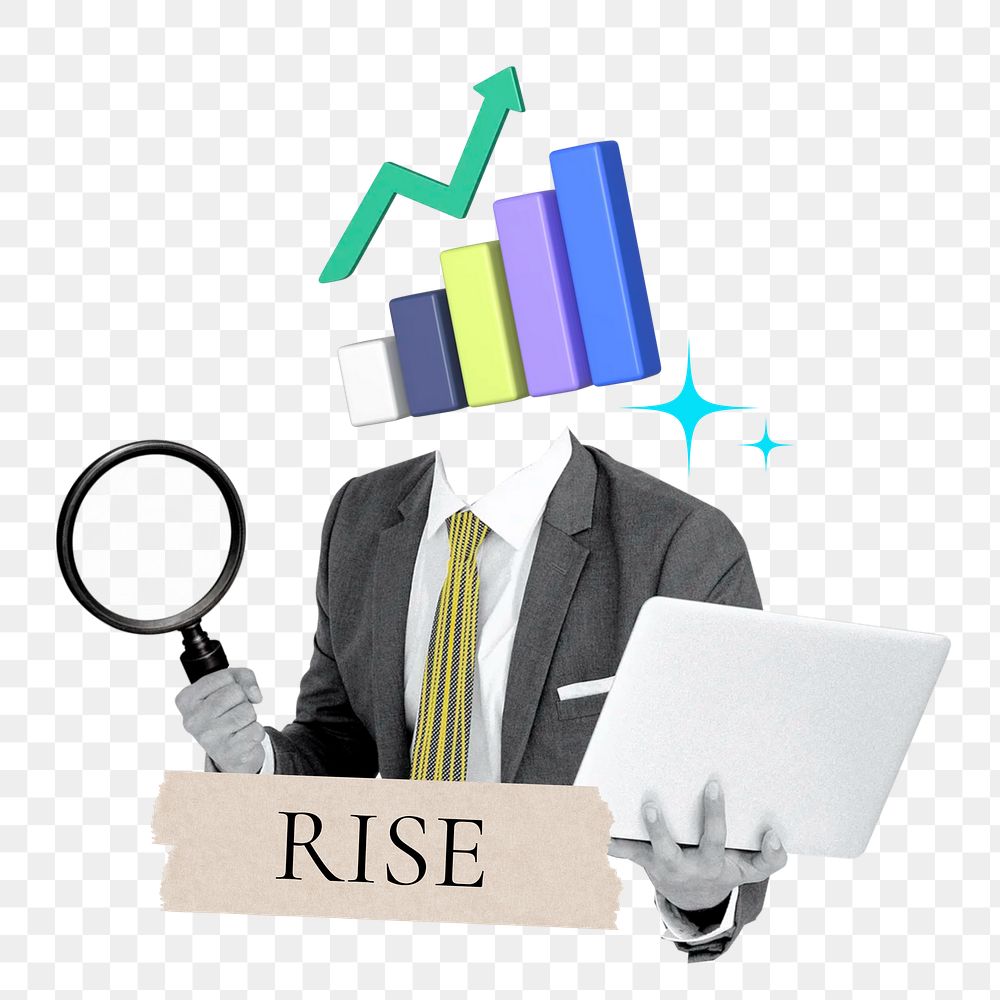 Rise word png sticker, growing chart head businessman remix on transparent background