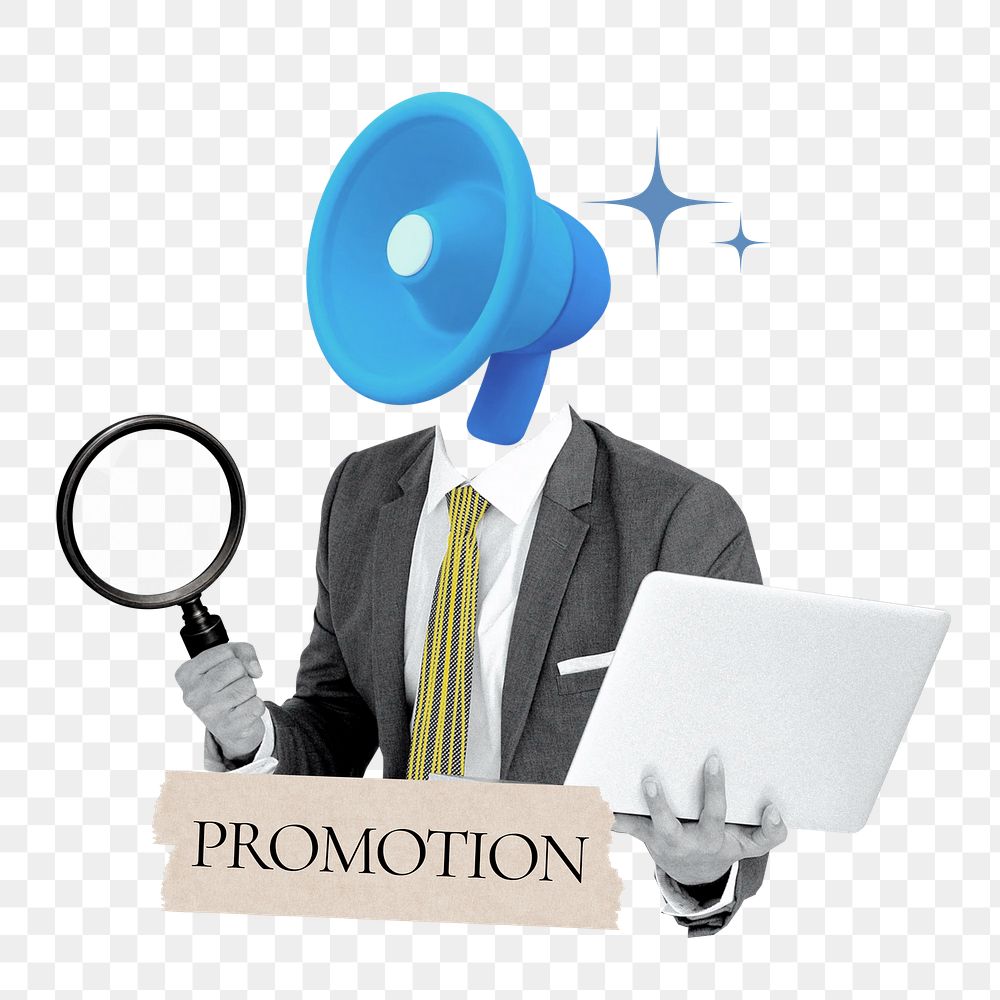 Promotion word png sticker, megaphone head businessman remix on transparent background