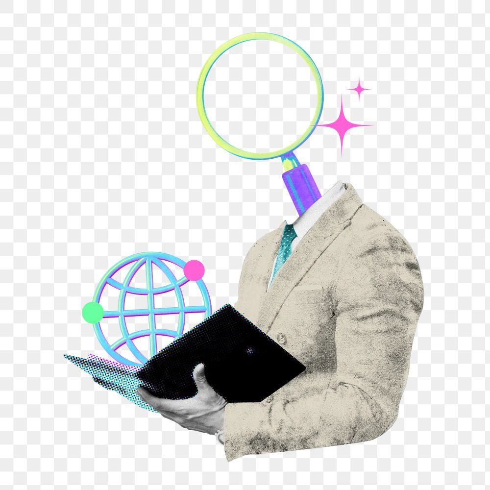 Magnifying glass-head png businessman, SEO specialist remix, transparent background