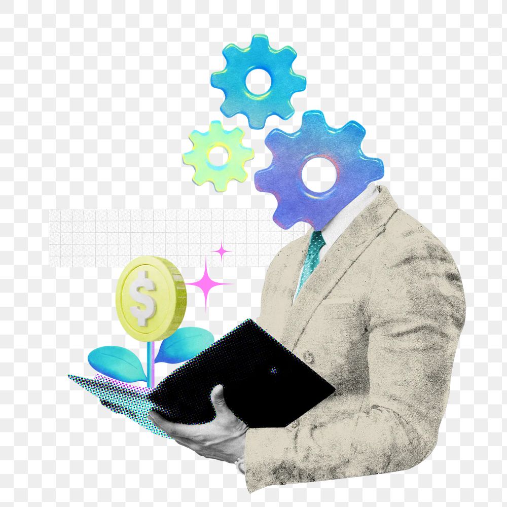 Cogwheel-head businessman png collage remix, transparent background