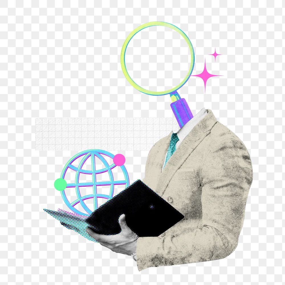 Magnifying glass-head png businessman, SEO specialist remix, transparent background