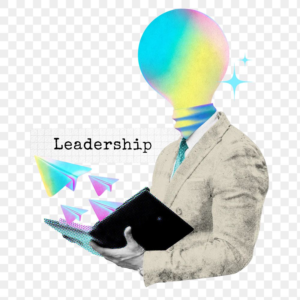 Leadership word png light bulb head businessman collage remix, transparent background