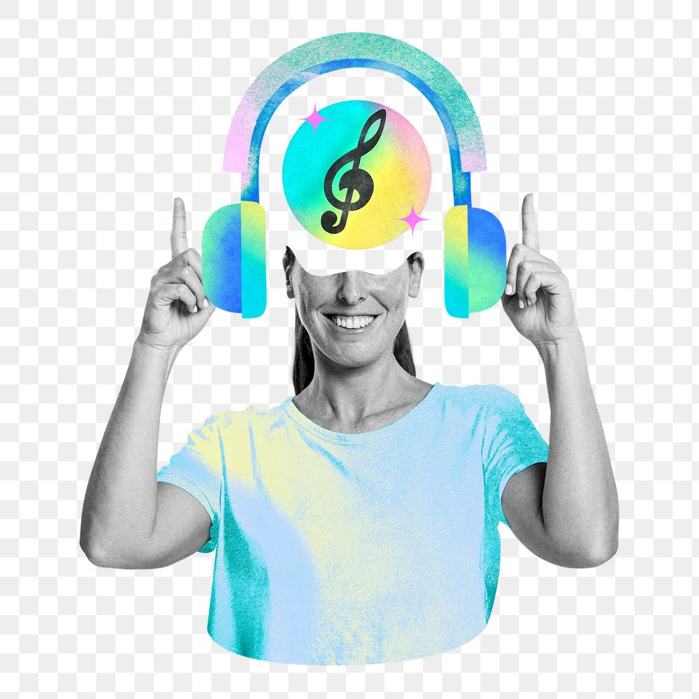 Woman png listening to music, creative remix, transparent background
