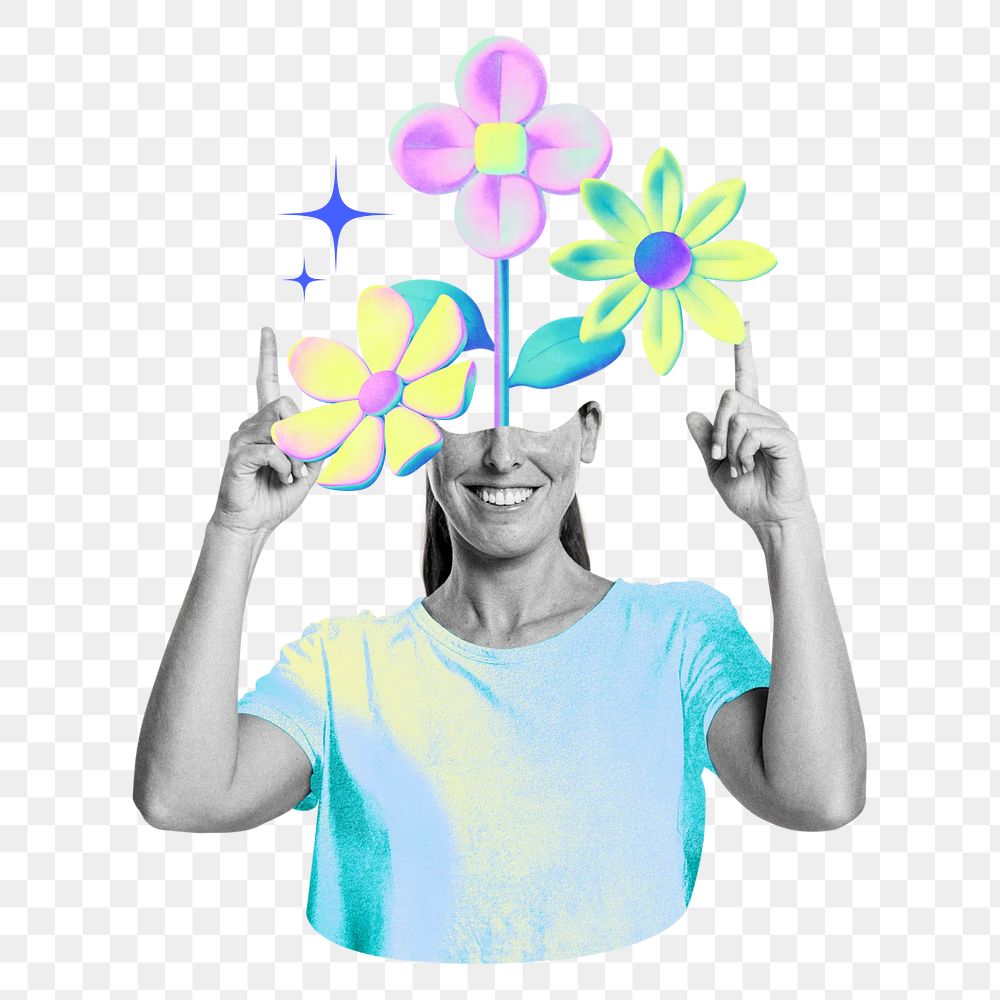 Flower-head woman png gradient collage remix, transparent background