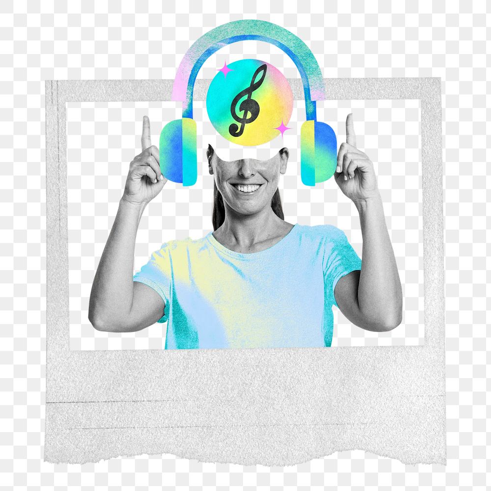 Woman png listening to music, creative remix, transparent background