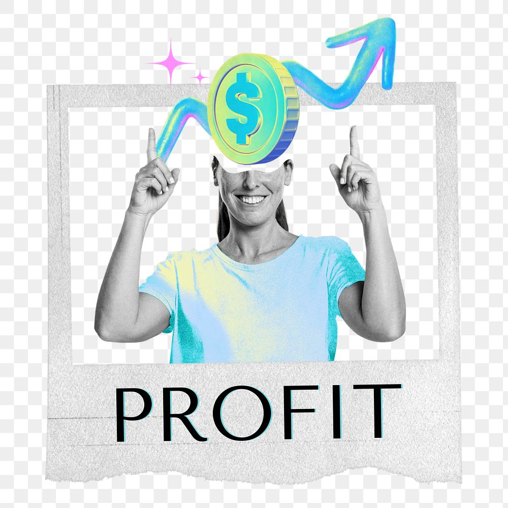 Profit word png woman instant frame collage remix, transparent background