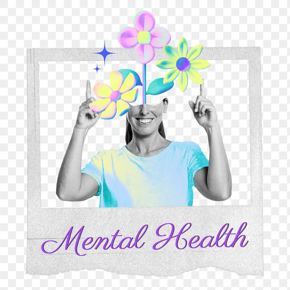 Mental health word png woman instant photo frame collage remix, transparent background