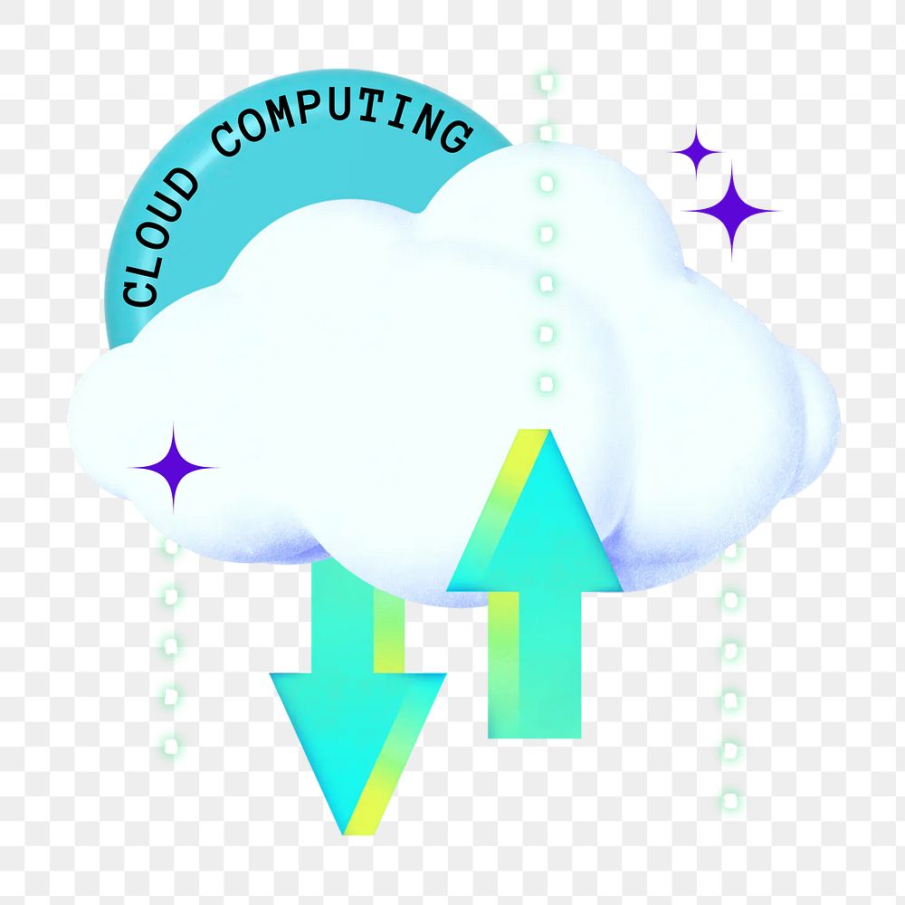 Cloud computing png word gradient holographic collage remix, transparent background