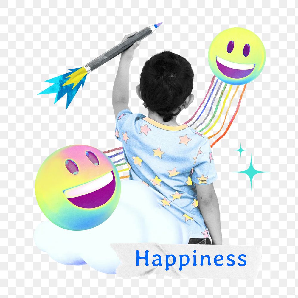 Happiness word png kid's emotion collage remix, transparent background