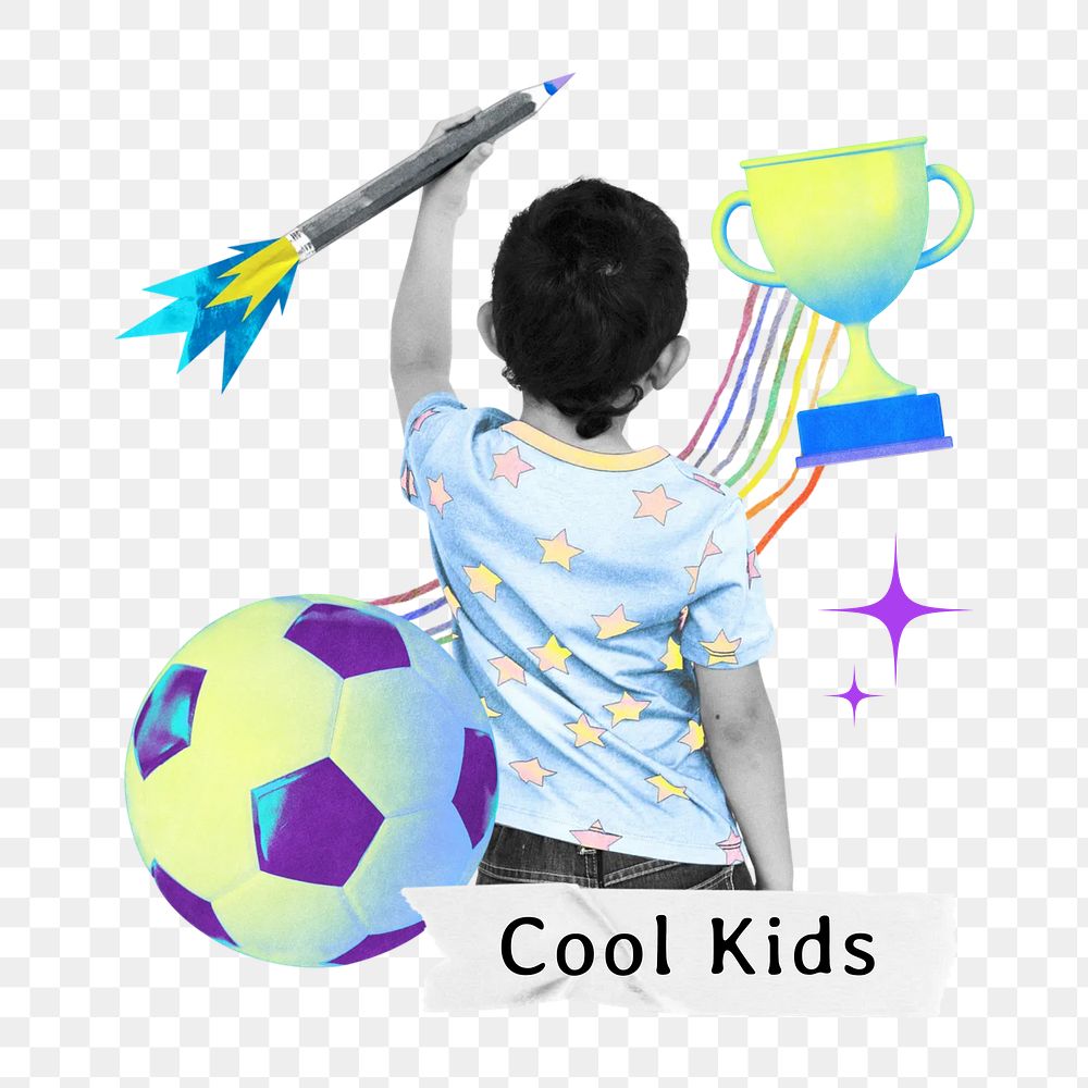 Cool kids word png boy rear view collage remix, transparent background