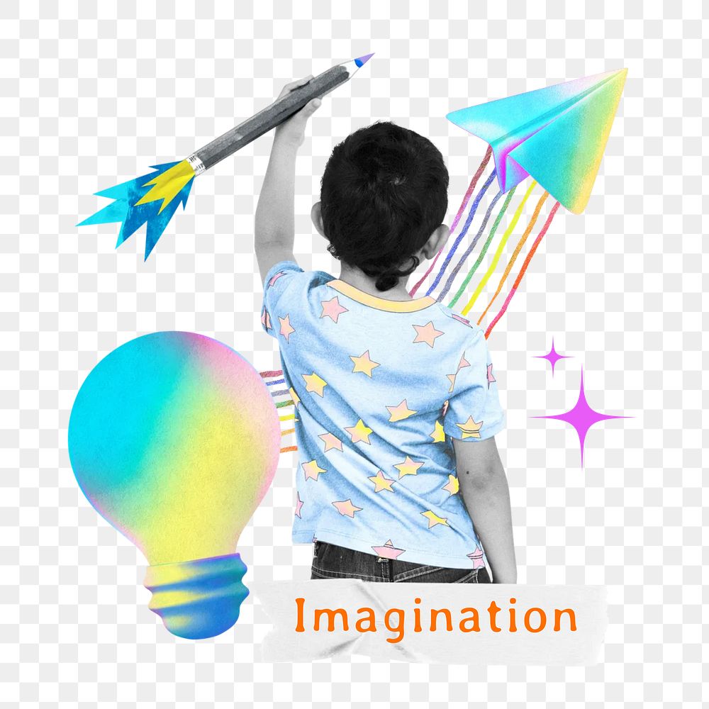 Imagination word png kid collage remix, transparent background